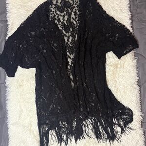 Mauve Black Lace Fringe Cardigan